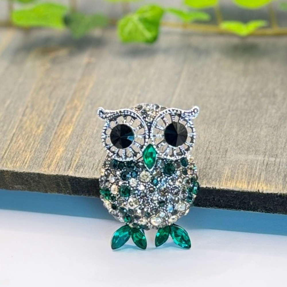 🌻 3/$25 Elegant Silver and Green Owl Brooch NEW